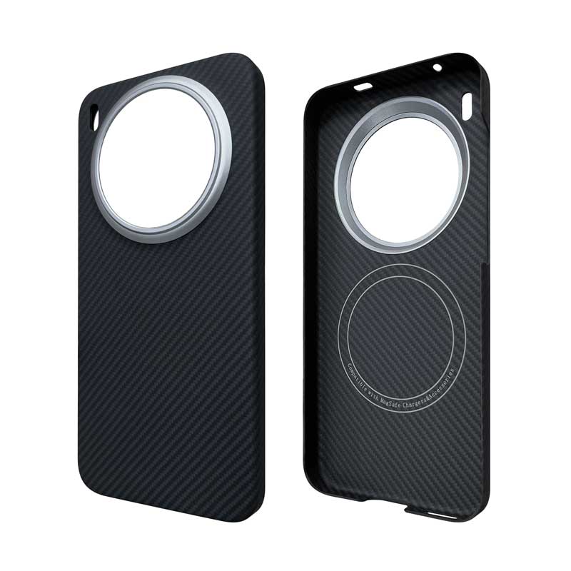 Komodoty's Black aramid fiber Kevlar phone case on a white background Vivo X300 with metal camera rim, magnet inside, magsafe compatible, side view and inner case view