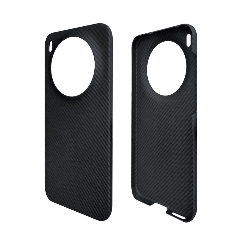 Komodoty's Black aramid fiber Kevlar phone case on a white background Vivo X300 black camera rim side view and inner case view