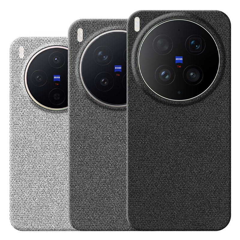 Three smartphone cases shown from the back on a white background for Vivo X300 series. The cases have a textured fabric-like finish in light gray, medium gray, and dark charcoal/black, each with a large circular camera cutout featuring multiple lenses and a visible Zeiss logo.