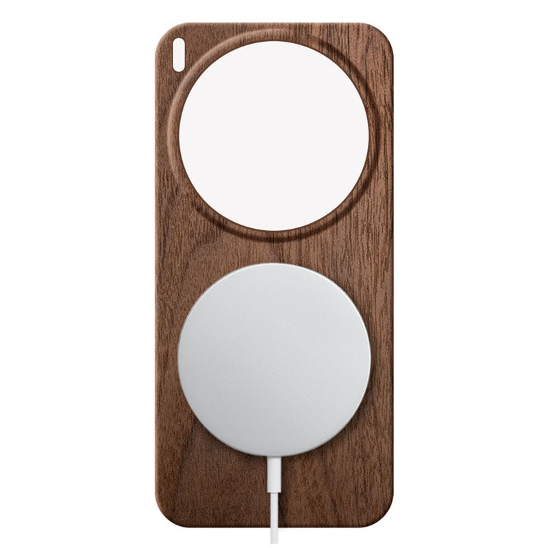 Vivo X300 Ultra wooden phone case in walnut with a MagSafe charger attached against a white background