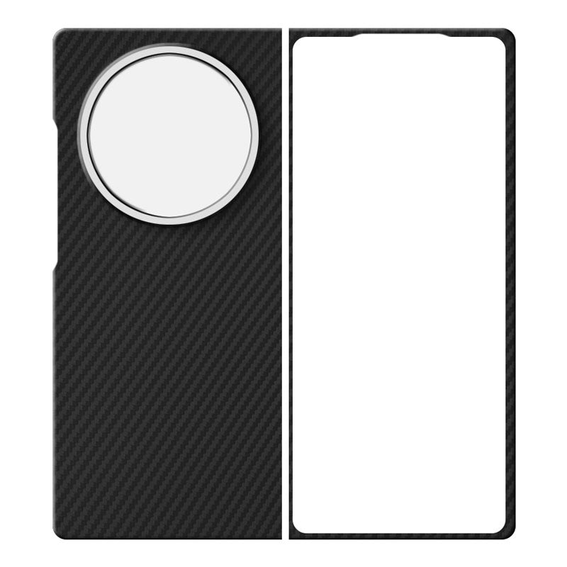 Vivo X Fold5 black aramid fiber phone case with metal ring on white background