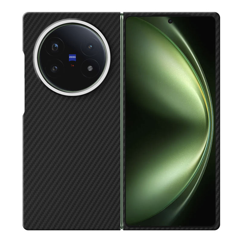 Vivo X Fold5 black aramid fiber phone case with metal ring on white background