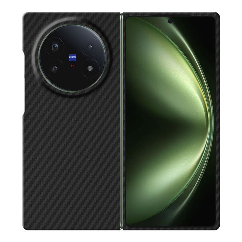 Vivo X Fold5 black aramid fiber phone case on white background