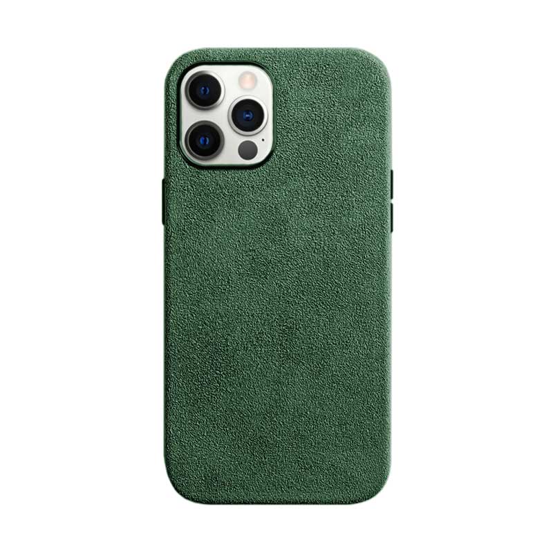 iPhone 12 Pro green Alcantara phone case on white background