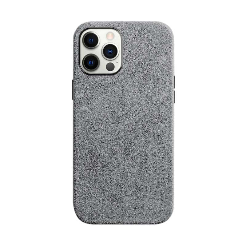 iPhone 12 Pro gray Alcantara phone case on white background