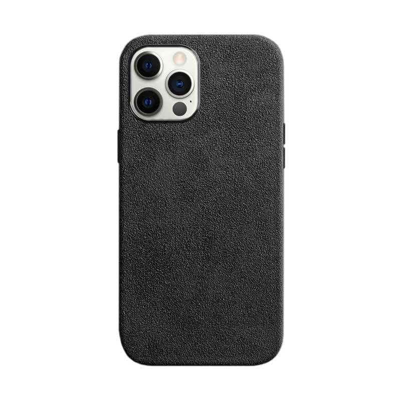 iPhone 12 Pro black Alcantara phone case on white background