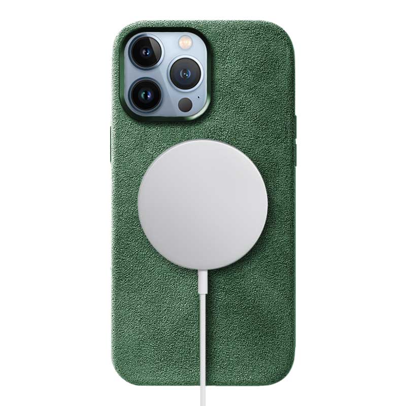 iPhone 13 Pro Max green Alcantara phone case on white background