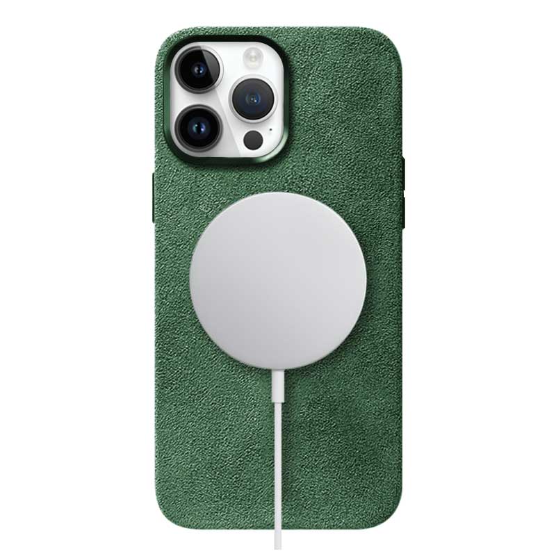 iPhone 14 Pro Max green Alcantara phone case on white background