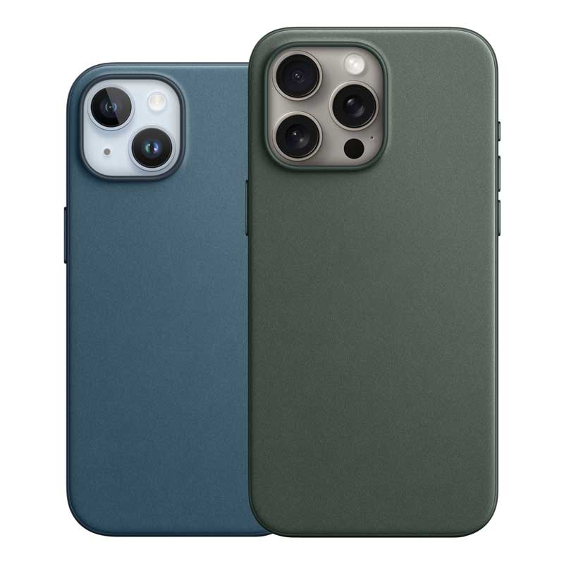 Two matte iPhone cases shown from the back on a white background, one in muted blue and one in muted olive green. Both cases have precise camera cutouts designed for a triple-lens smartphone.