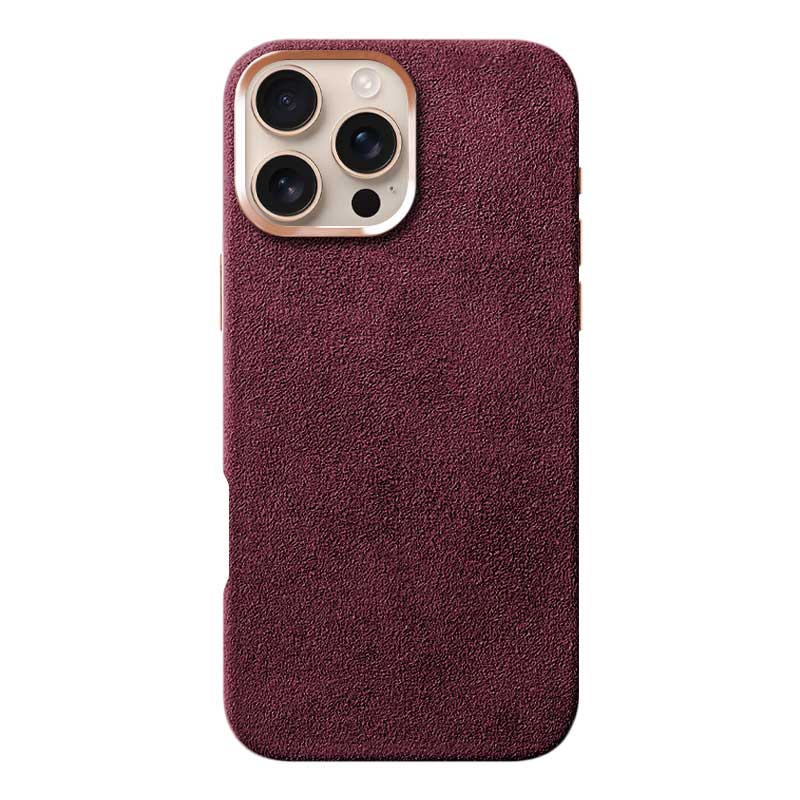 Burgundy Alcantara case for iPhone 16 Pro Max, product shot, straight-on back view with phone inside, on a plain white background