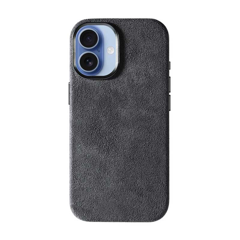 Alcantara iPhone 17 case in black on white background