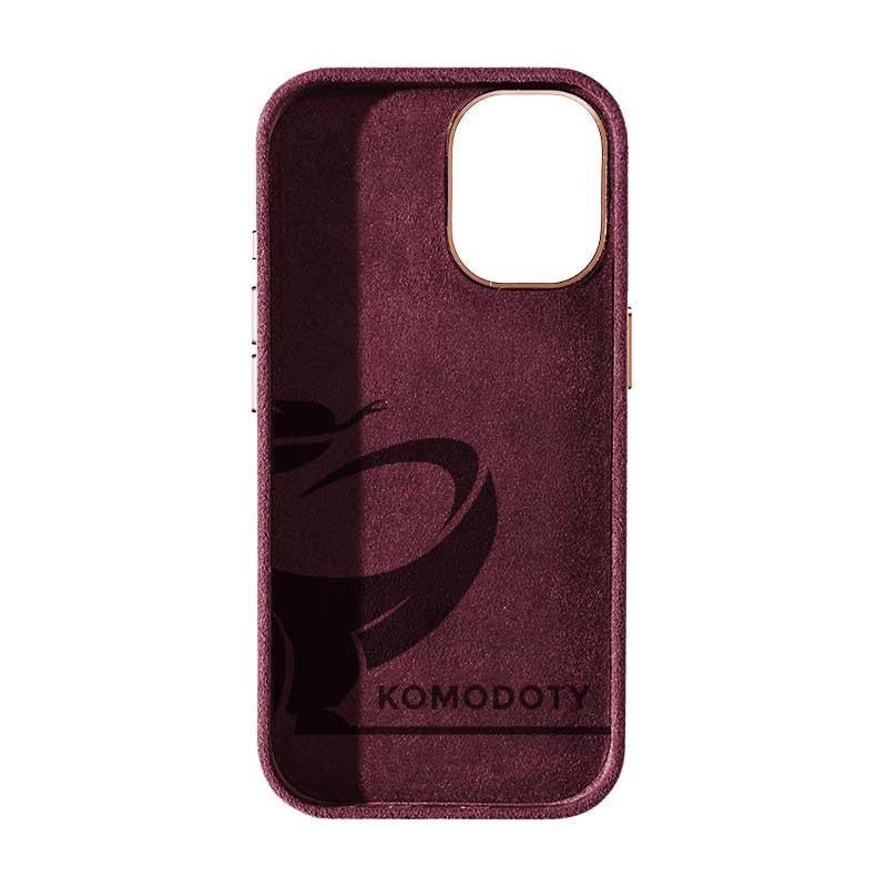 Burgundy Alcantara case for iPhone 17, inside view of the suede lining with Komodoty logo, on a plain white background