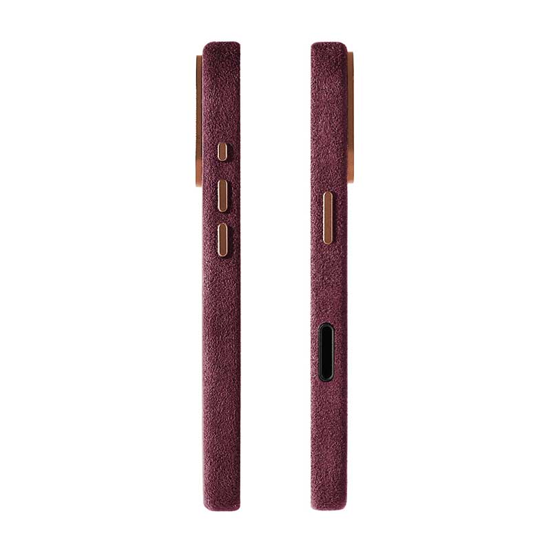 Burgundy Alcantara case for iPhone 17, side profiles of both edges showing rose gold buttons and charging port, on a plain white background