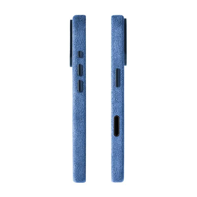 Glacier Blue Alcantara case for iPhone 17, side profiles of both edges showing buttons and charging port, on a plain white background