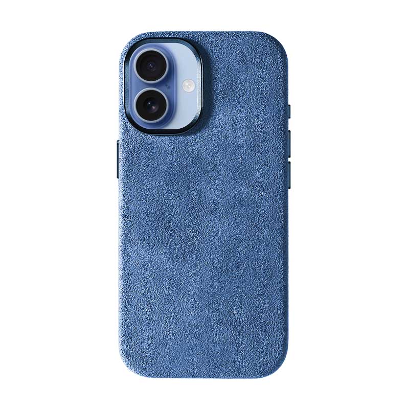 Glacier Blue Alcantara case for iPhone 17, product shot, straight-on back view with a blue phone inside, on a plain white background