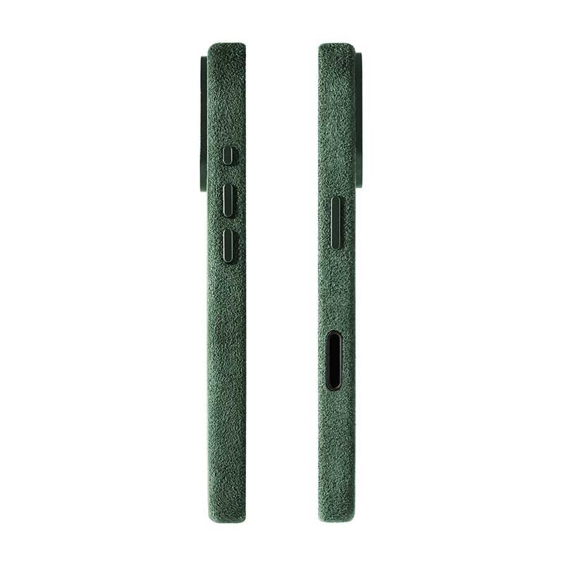 Alcantara iPhone 17 cases in green showing side profiles on white background