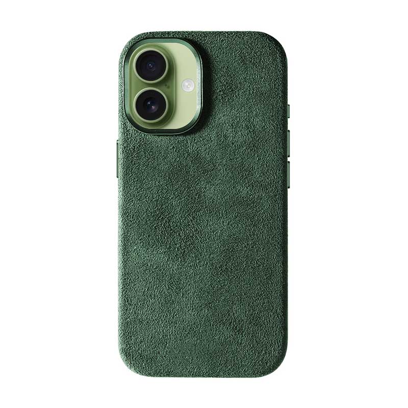 Alcantara iPhone 17 case in green on white background