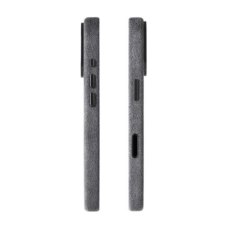 Alcantara iPhone 17 cases in gray showing side profiles on white background