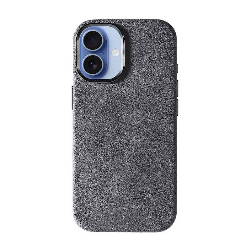 Alcantara iPhone 17 case in gray on white background