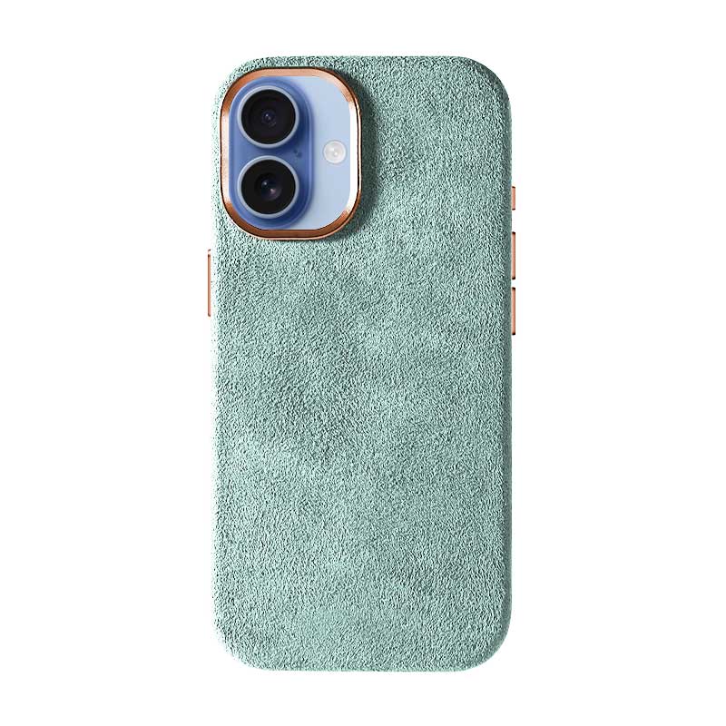 Alcantara iPhone 17 case in mint on white background