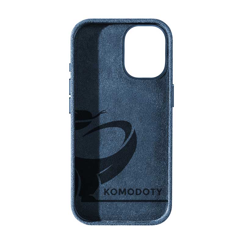 Alcantara iPhone 17 case in blue with Komodoty logo inside on white background