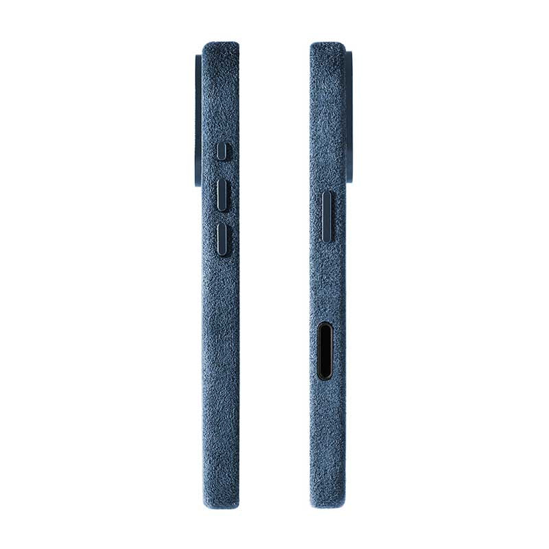 Alcantara iPhone 17 cases in blue showing side profiles on white background