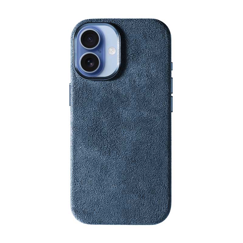 Alcantara iPhone 17 case in blue on white background