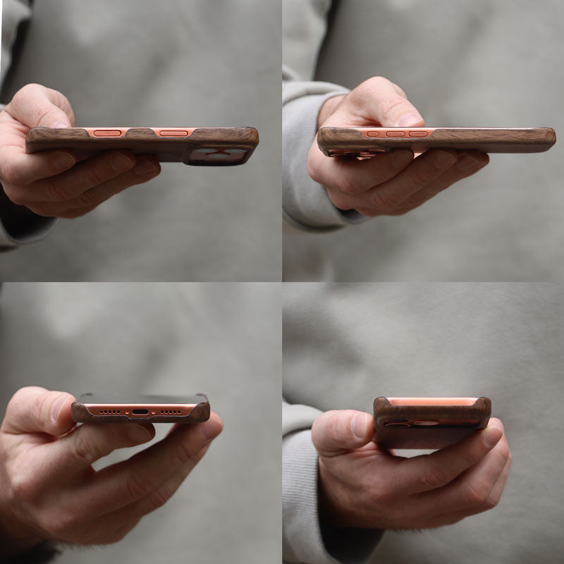 Close-up of a hand holding a smartphone with a Komodoty Slim Wood iPhone Case on an iPhone 17 Pro Orange showing thinness of the case on all 4 sides against a khaki colored sweater