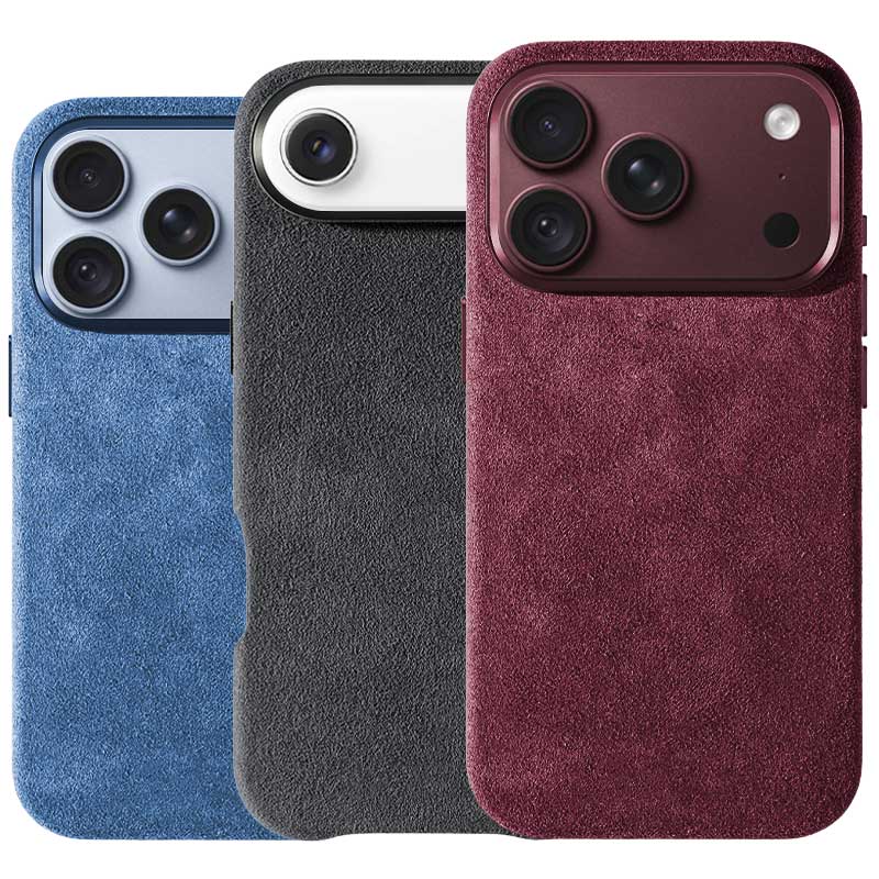 Three textured Alcantara iPhone cases shown from the back, overlapping slightly. The left case is light blue on the glacier iPhone 18 Pro, the middle is dark gray on an iPhone Air, and the right is burgundy on a burgundy iPhone 18 Pro Max.