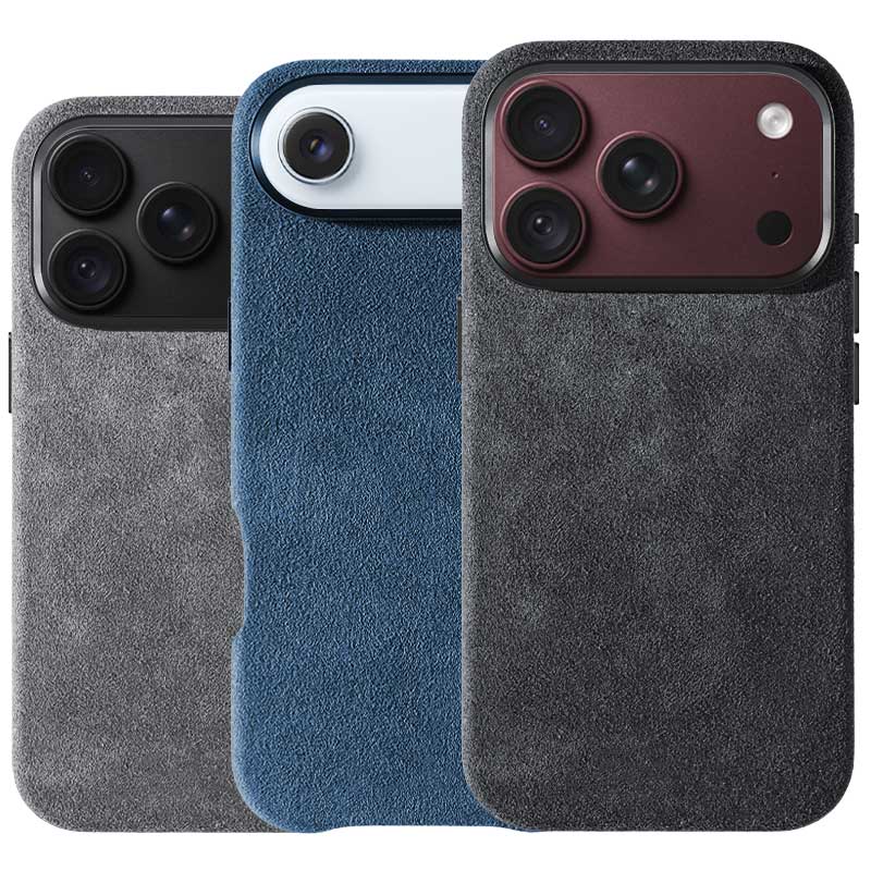 Three textured iPhone 18 Pro and iPhone Air cases shown overlapping on a white background, in gray, blue, and dark charcoal/black tones, each with a different camera module color.