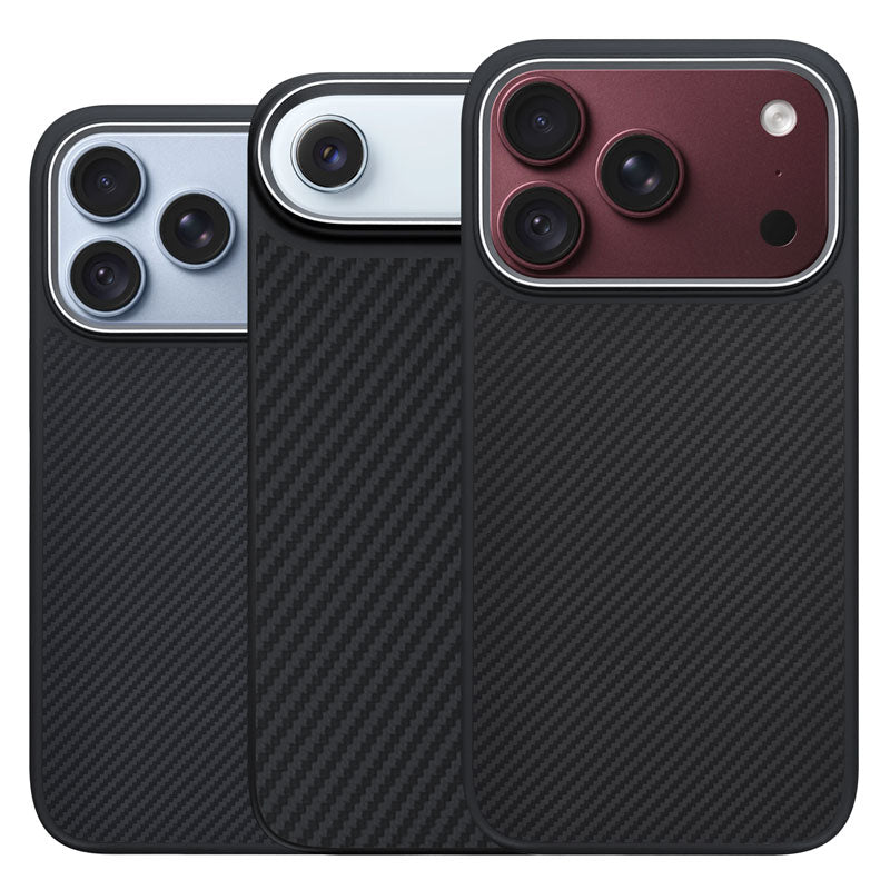 Three iPhone 18 Pro and iPhone Air cases shown from the back on a clean white background, featuring a carbon-fiber-style black textured design, a silver textured design, and a dark burgundy case with a silver camera surround.