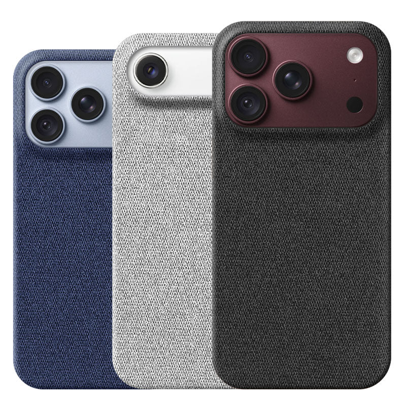 Three textured fabric iPhone 18 Pro ad iPhone Air cases shown side by side on a white background, in navy blue, light gray, and dark charcoal with a burgundy camera surround.
