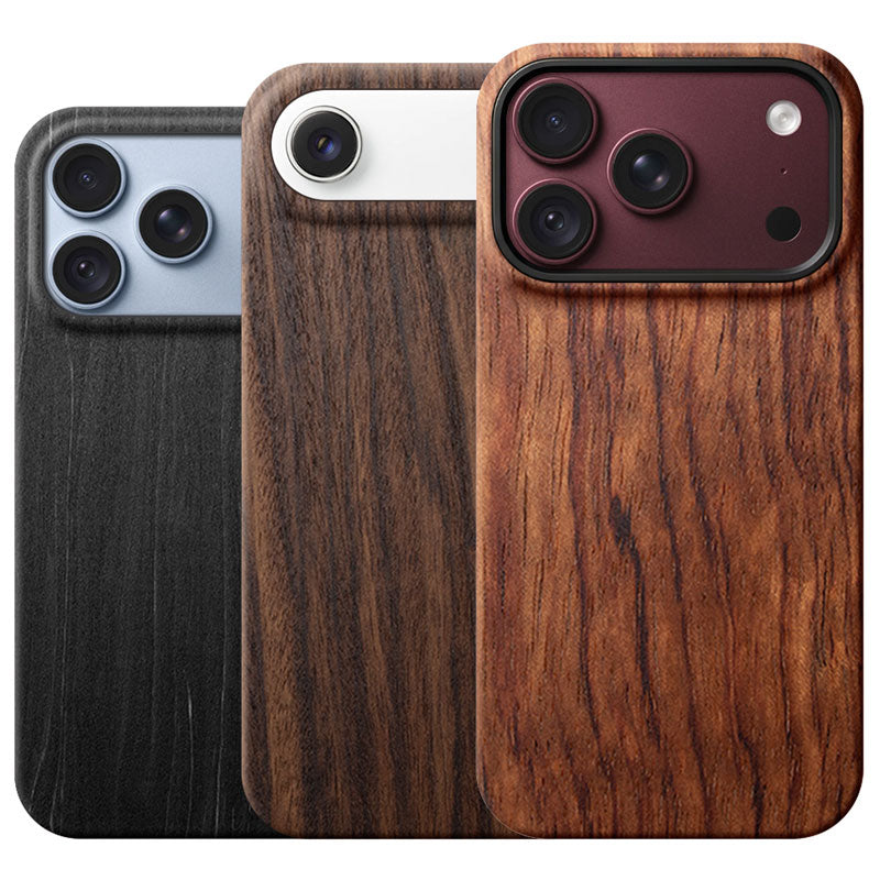 wooden iPhone cases in black, dark brown and orange or iPhone 18 Pro and iPhone Air against white background