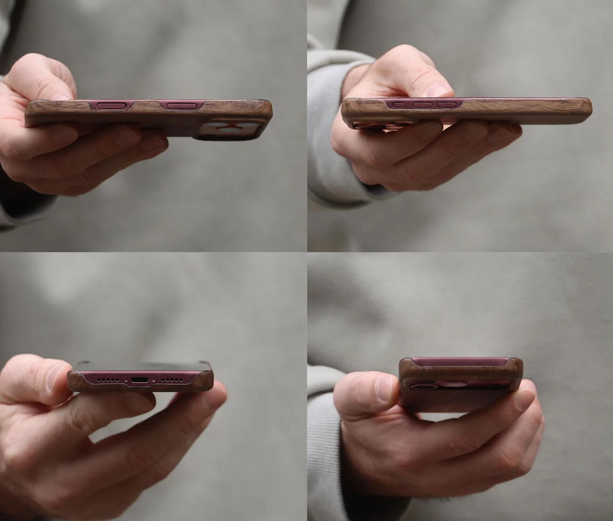 A four-panel collage showing a person's hand holding a iPhone 18 Pro Max in 
Burgundy case from multiple angles against a neutral green gray background. The case has a dark brown wood-grain textured outer shell with a reddish-purple inner lining visible through the cutouts.