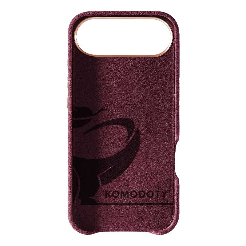 Burgundy Alcantara case for iPhone Air, inside view of the suede lining with Komodoty logo, on a plain white background