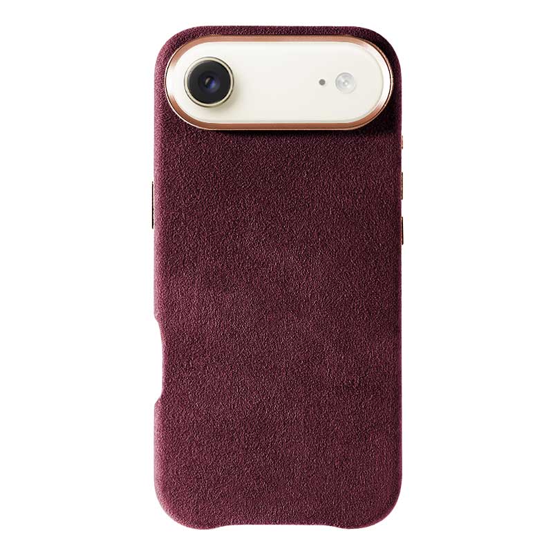 Burgundy Alcantara case for iPhone Air, product shot, straight-on back view with a gold phone inside, on a plain white background