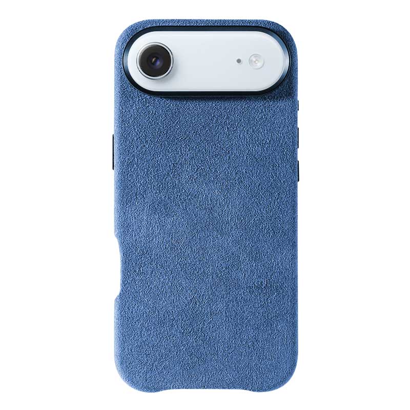 Glacier Blue Alcantara case for iPhone Air, product shot, straight-on back view with a light blue phone inside, on a plain white background