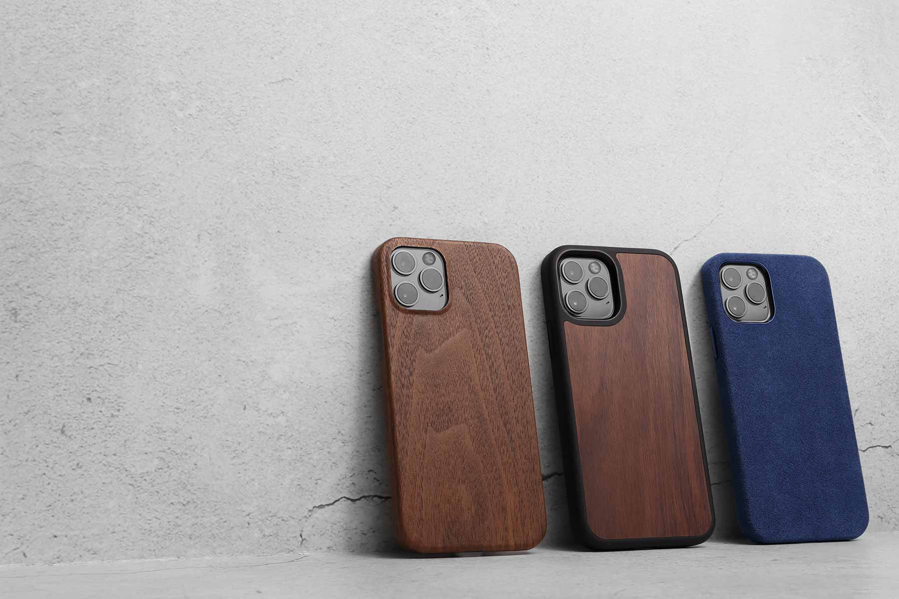 Komodoty Slim Wood iPhone Case, Max Protection iPhone Case Walnut Wood and Blue Saguaro Alcantara Vegan Leather iPhone Case