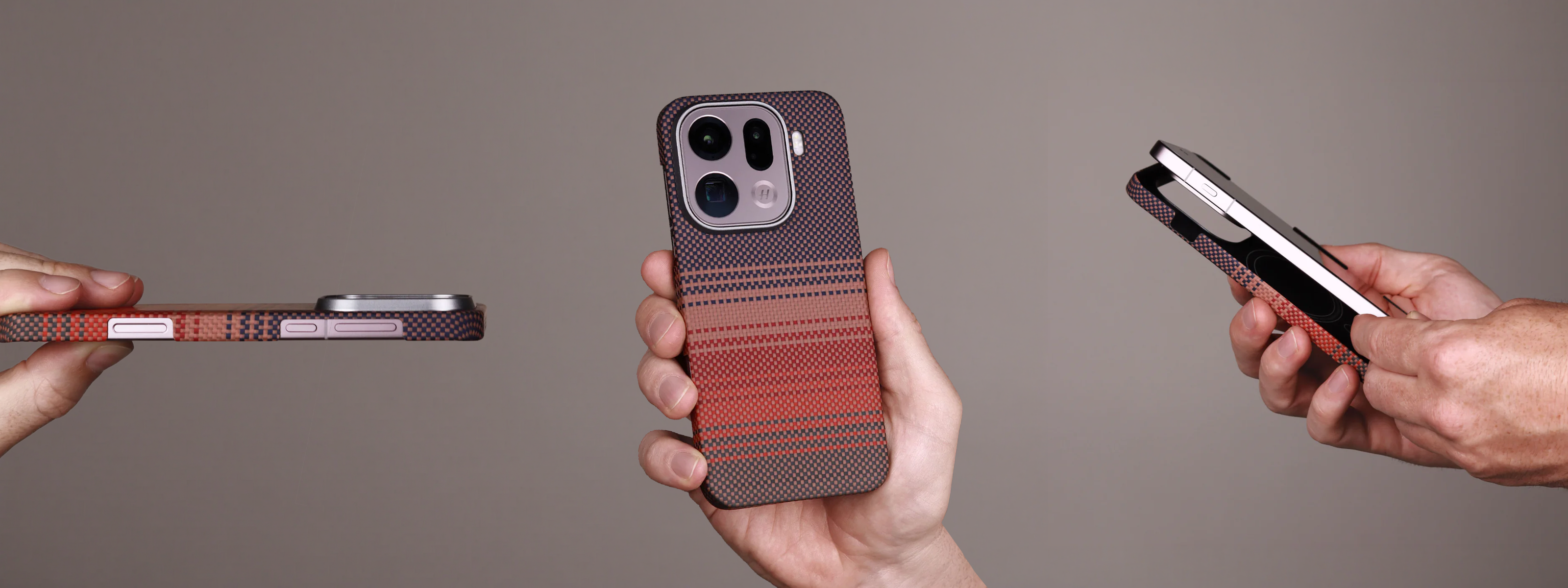 Three hands holding Volaris Aramid Fiber Oppo Find x9 Pro Dessert Orange Case Kevlar with patterned cases against a gray background
