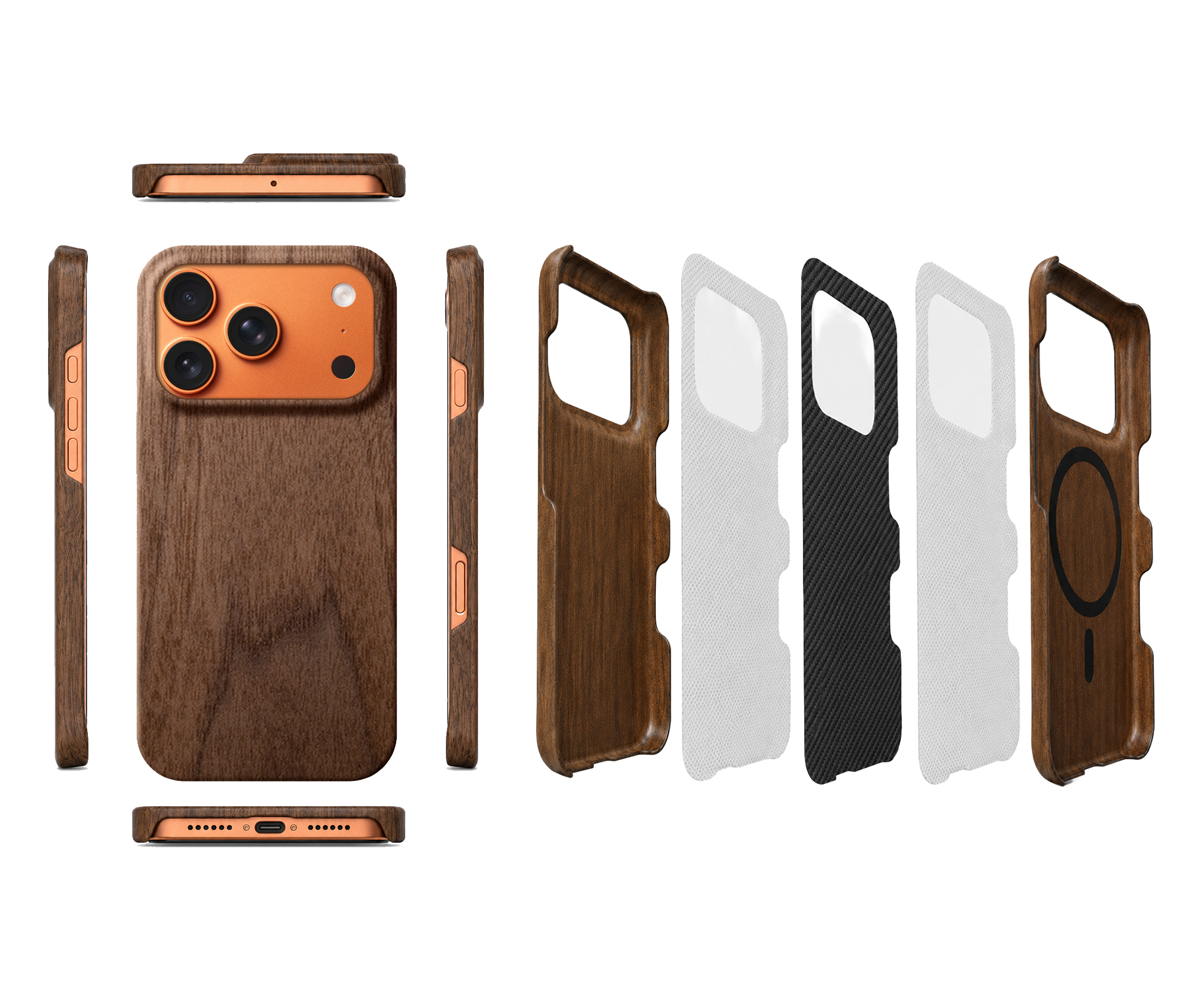 Display of all sides of the iPhone 17 Pro Max Case, Disassembled showcasing all 5 layers. Walnut.